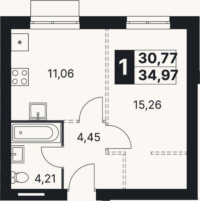 Планировка: 2-к, 35 м²