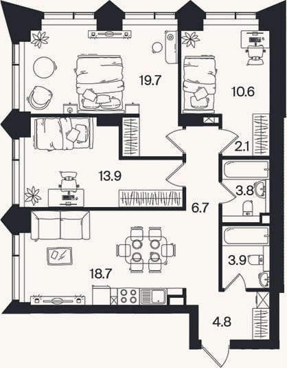 Планировка: 4+ к, 84,2 м²