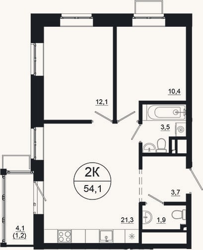 Планировка: 2-к, 52,9 м²