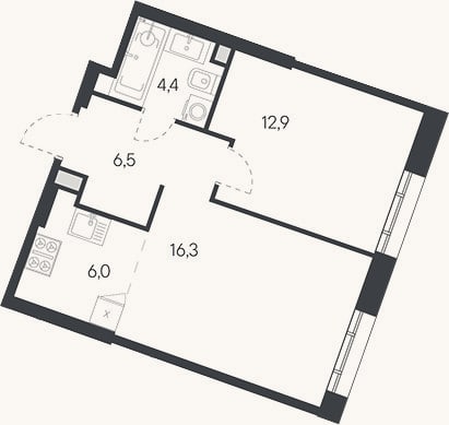Планировка: 2-к, 46,1 м²