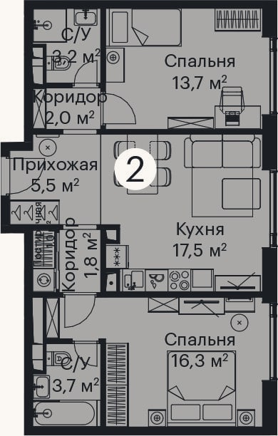 Планировка: 3-к, 64,7 м²