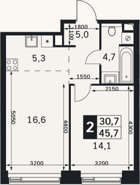 Планировка: 2-к, 45,7 м²