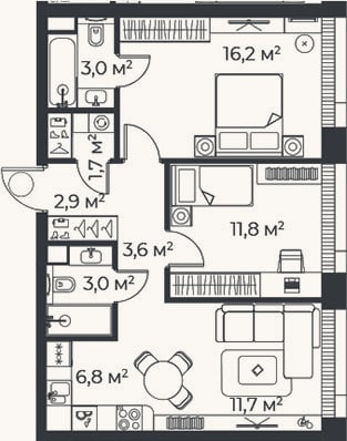 Планировка: 3-к, 60,6 м²