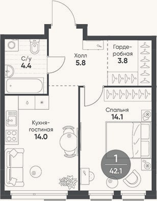 Планировка: 2-к, 42,1 м²