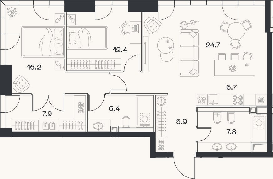 Планировка: 3-к, 90,2 м²
