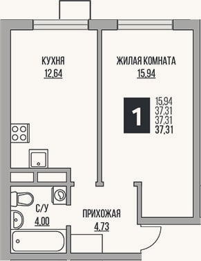 Планировка: 1-к, 37,3 м²