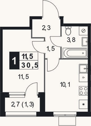 Планировка: 1-к, 29,2 м²
