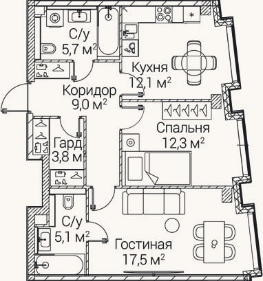 Планировка: 2-к, 65,5 м²