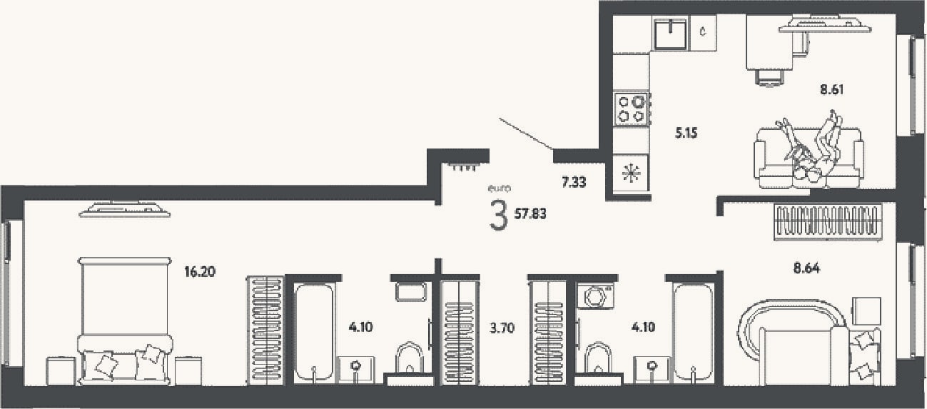 Планировка: 3-к, 57,8 м²