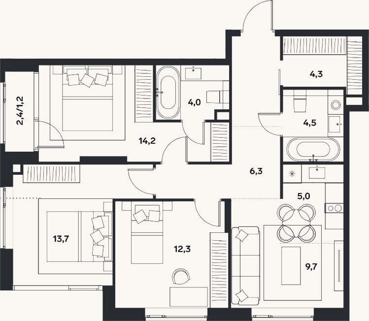 Планировка: 4+ к, 78,5 м²