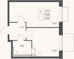 Планировка: 1-к, 37,9 м²