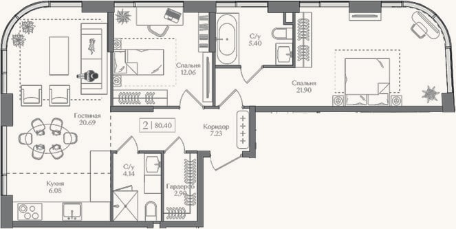 Планировка: 3-к, 80,4 м²