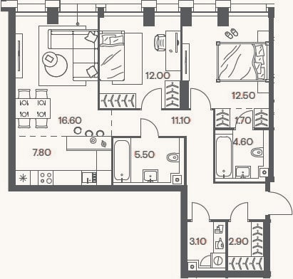 Планировка: 3-к, 77,8 м²