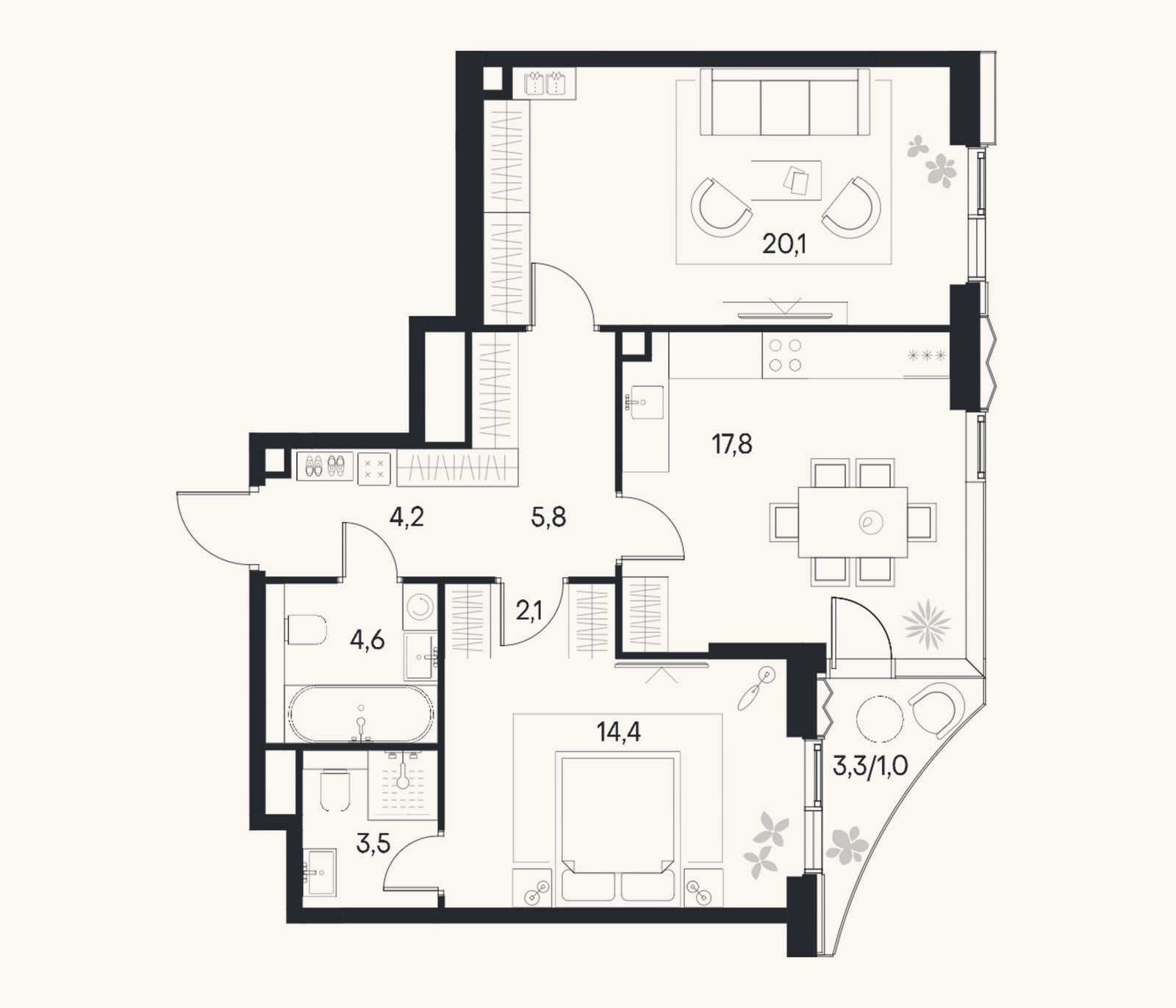Планировка: 2-к, 72,5 м²