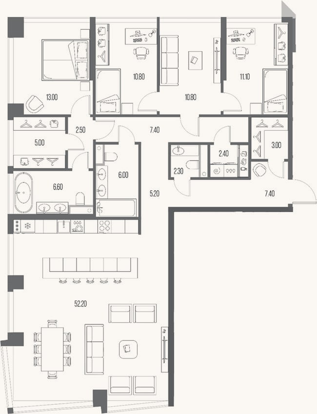 Планировка: 3-к, 145,7 м²