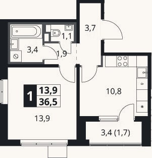 Планировка: 1-к, 34,8 м²