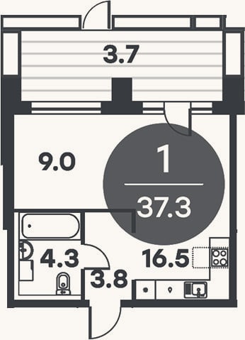 Планировка: 1-к, 36,5 м²