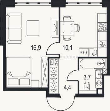 Планировка: 1-к, 35,1 м²