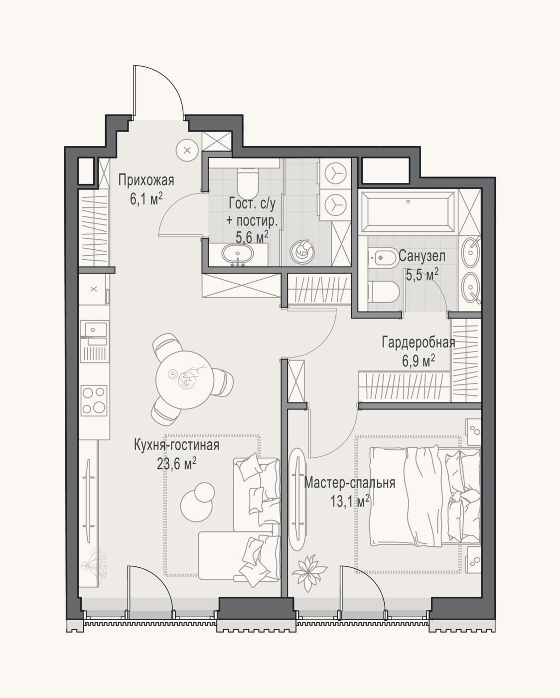 Планировка: 2-к, 61,3 м²
