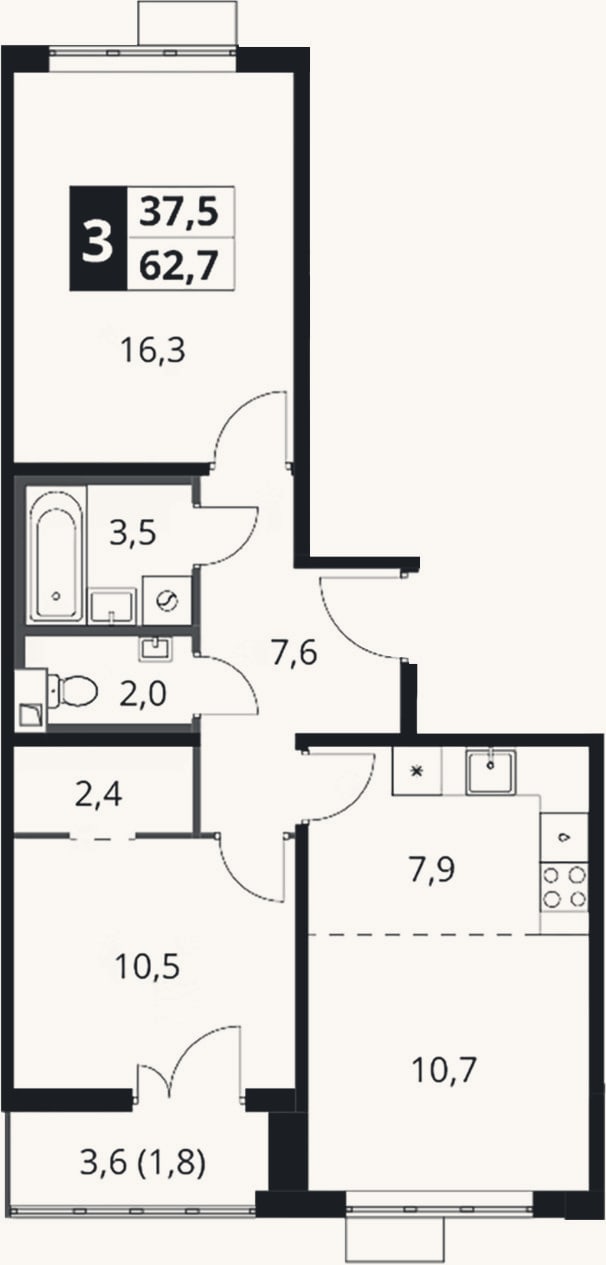 Планировка: 3-к, 60,9 м²