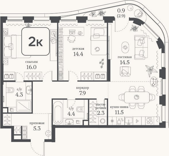 Планировка: 2-к, 80,6 м²