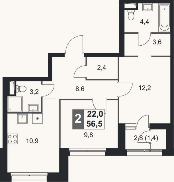 Планировка: 2-к, 55,1 м²