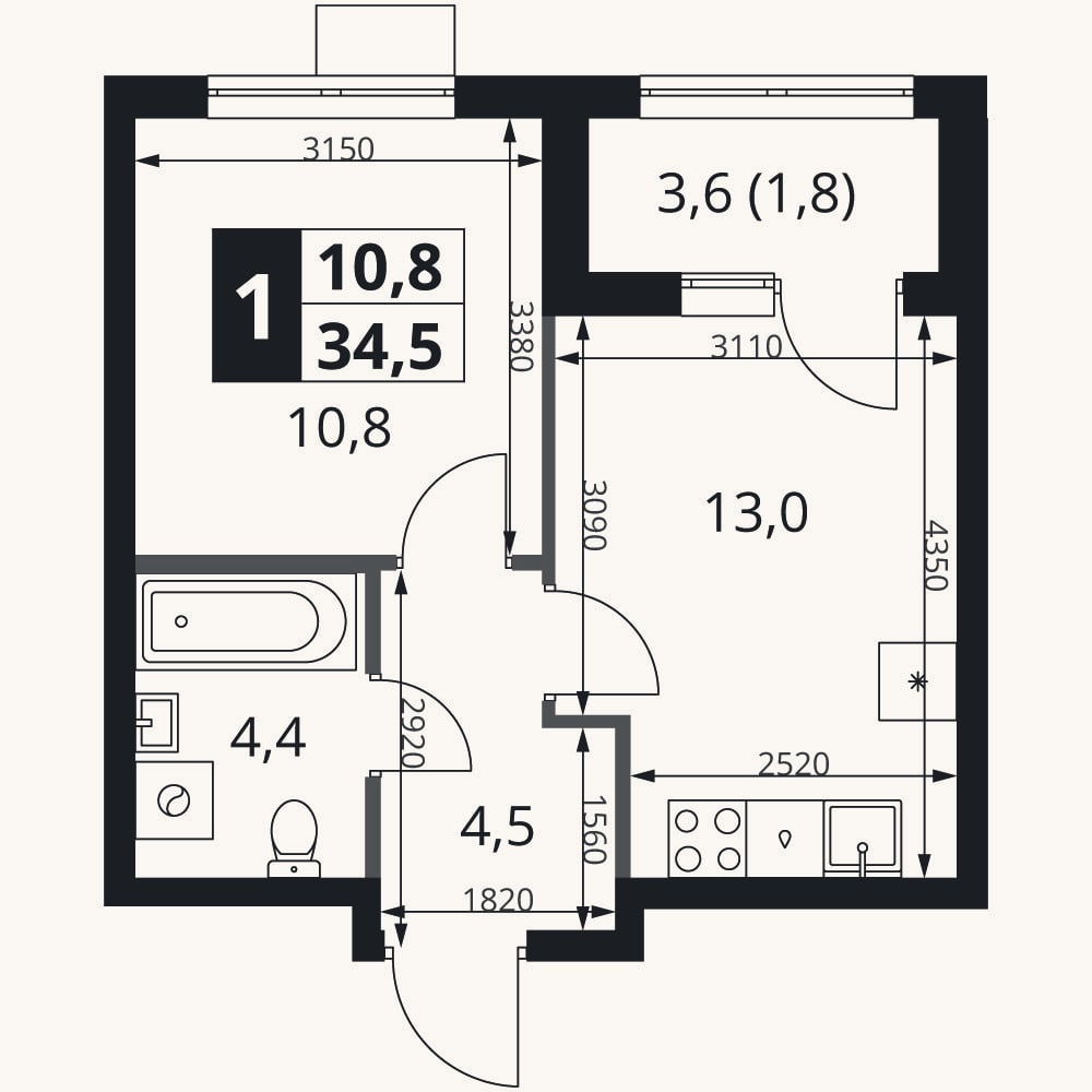 Планировка: 1-к, 32,7 м²