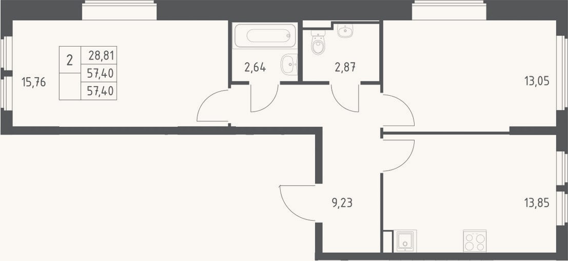 Планировка: 2-к, 57,4 м²