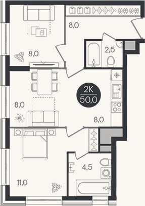 Планировка: 3-к, 50 м²