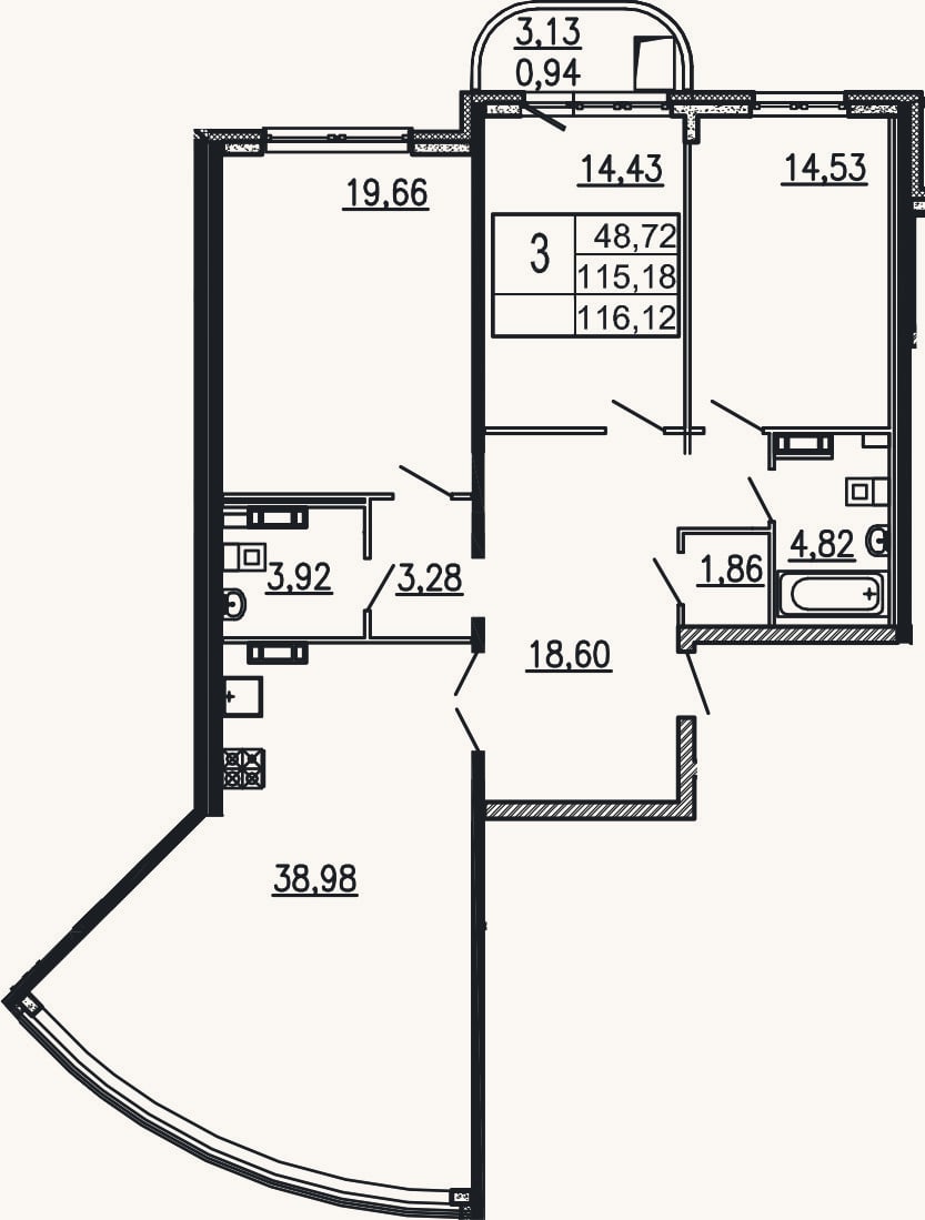 Планировка: 3-к, 117,7 м²