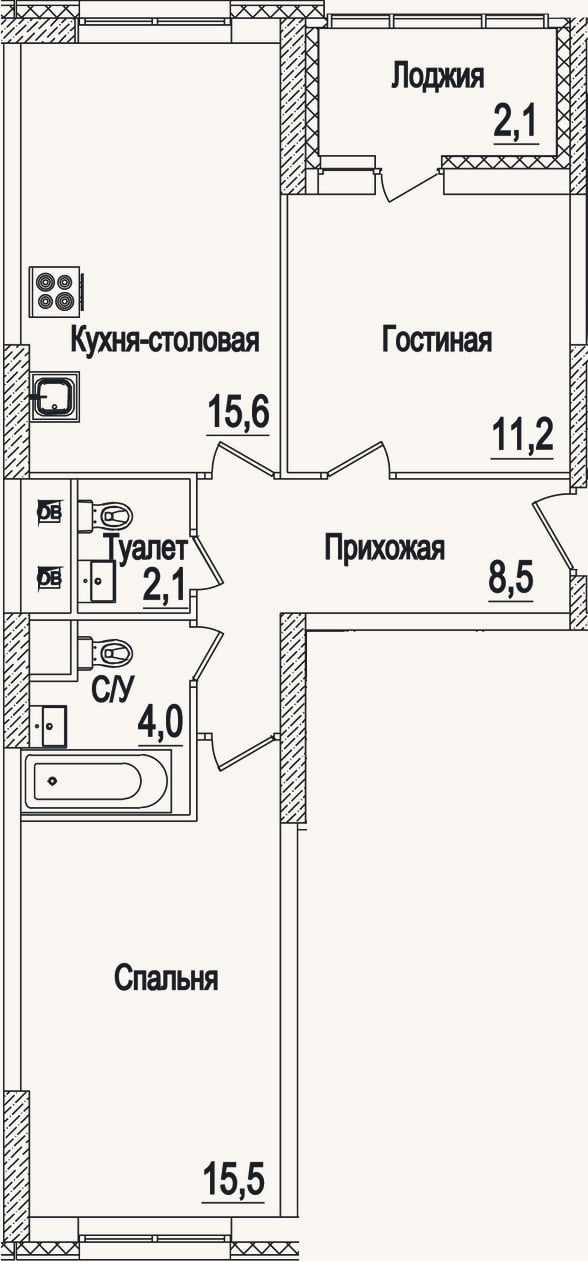 Планировка: 3-к, 56,9 м²