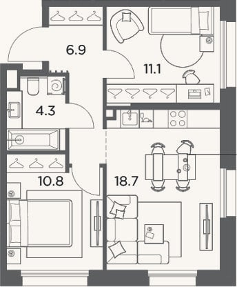 Планировка: 2-к, 51,8 м²