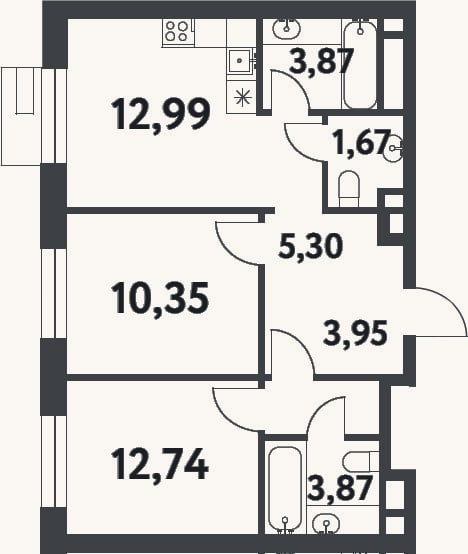 Планировка: 2-к, 54,7 м²