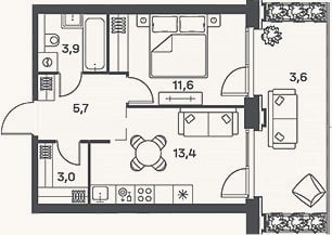 Планировка: 2-к, 37,6 м²