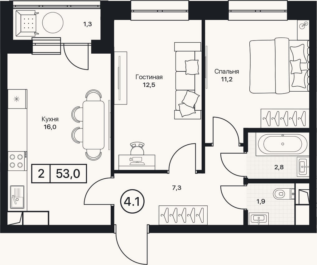Планировка: 2-к, 51,7 м²