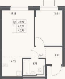 Планировка: 2-к, 40,8 м²