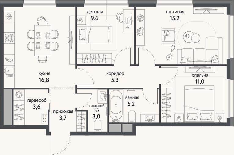 Планировка: 3-к, 73,4 м²