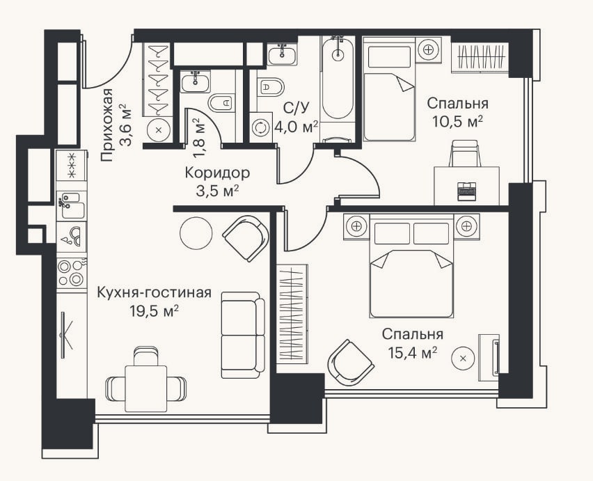 Планировка: 3-к, 58,7 м²