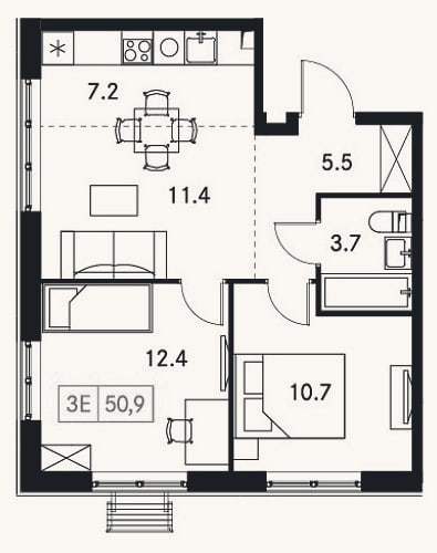 Планировка: 3-к, 50,9 м²