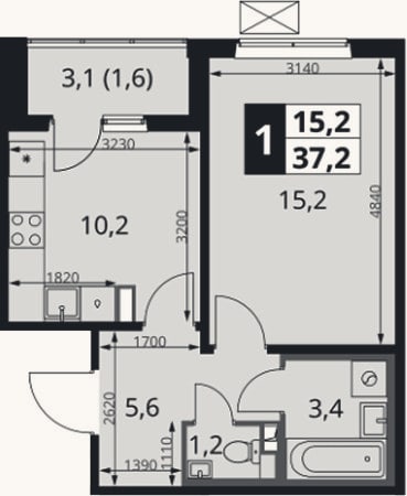 Планировка: 1-к, 35,6 м²