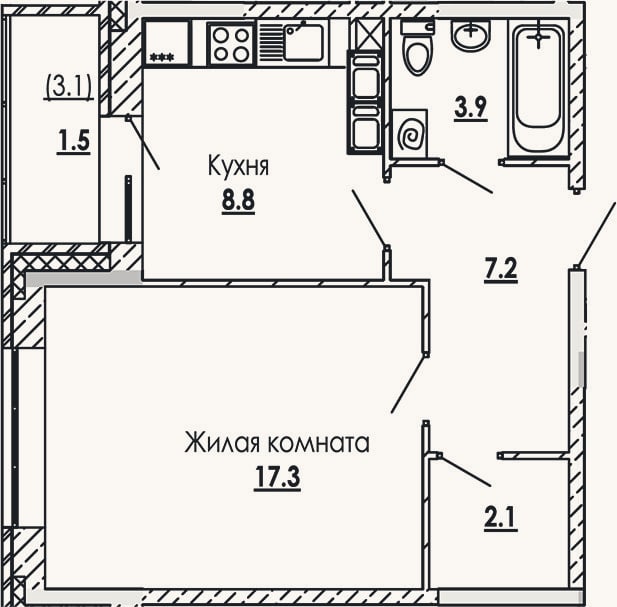 Планировка: 1-к, 39,3 м²
