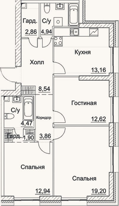 Планировка: 3-к, 84,5 м²