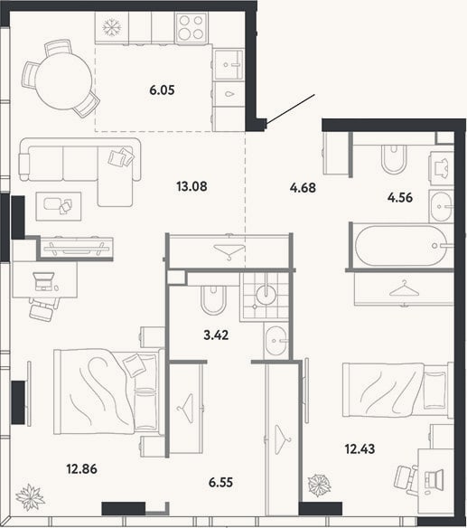 Планировка: 2-к, 63,6 м²