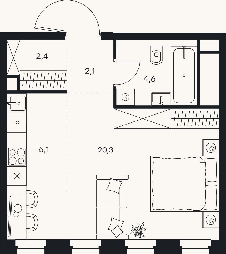 Планировка: 1-к, 34,4 м²