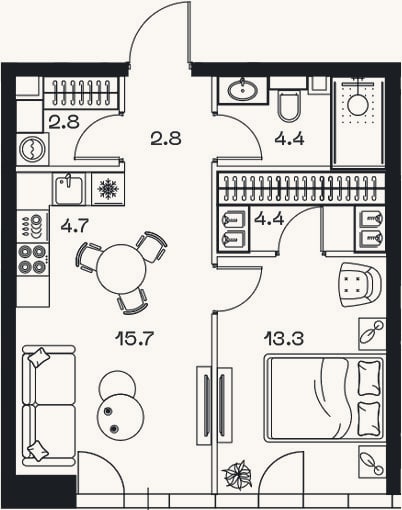 Планировка: 2-к, 48,1 м²