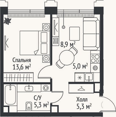 Планировка: 2-к, 38,1 м²