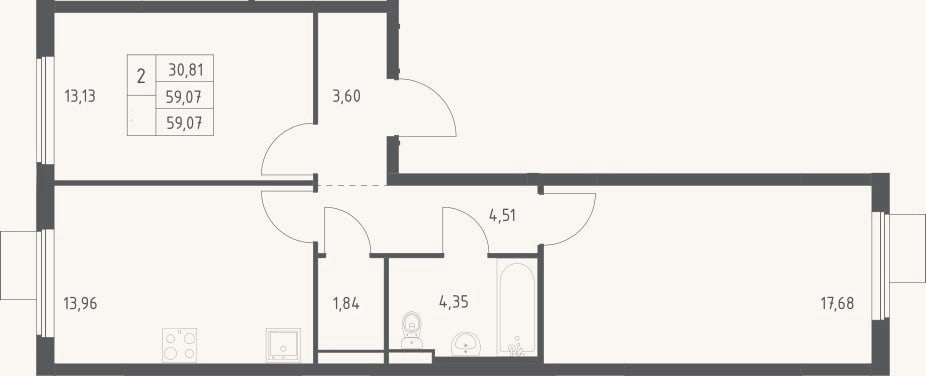 Планировка: 2-к, 59,1 м²