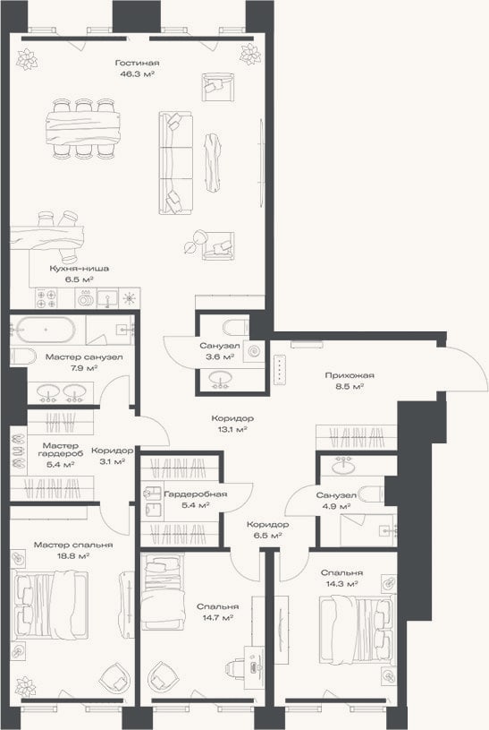 Планировка: 4+ к, 159 м²