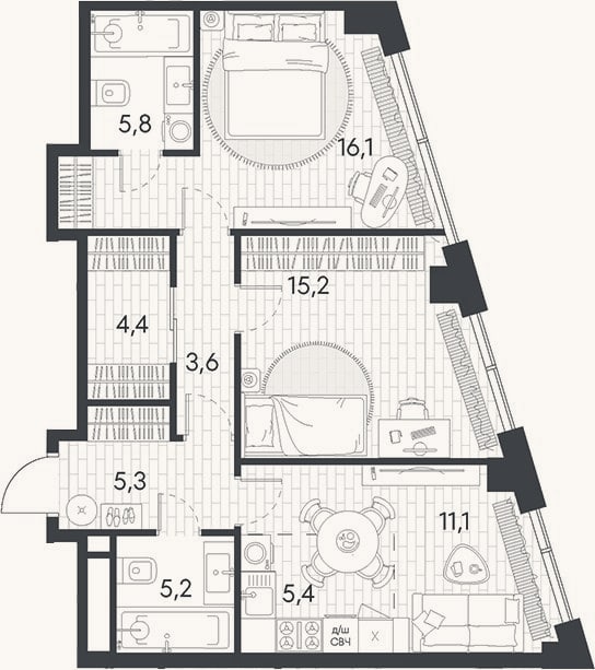 Планировка: 3-к, 72,1 м²