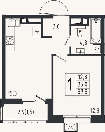 Планировка: 1-к, 36 м²